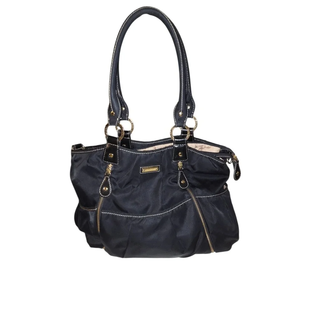 Storksak Olivia Diaper Bag Black Satin Nylon Multiple Pockets‎